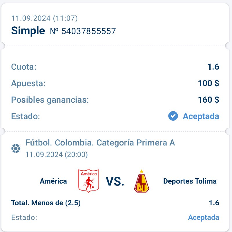 1.60  Futebol  Colombia. Categoria Primera A  America - Deportes Tolima    To...