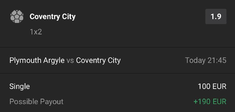 Coventry City to Win    1.90