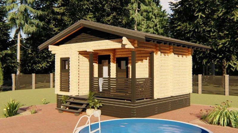 Планировка бани из бревна  План помещения: 1. Терраса 7,4 кв м 2. Санузел 1,9...